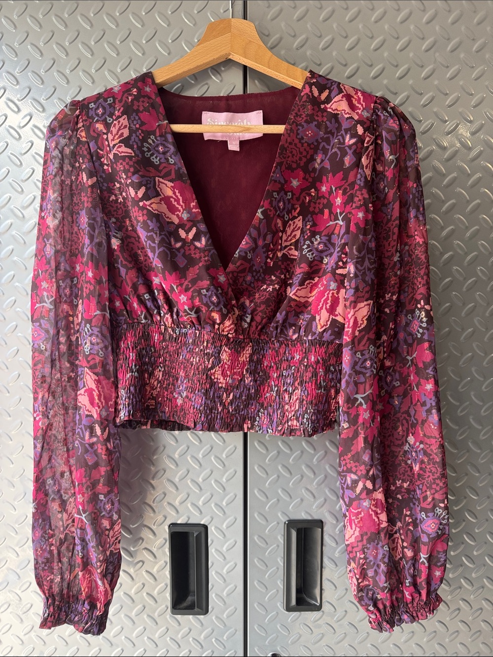 Smocked Waist Floral V-Neck Crop Top - Burgundy Pink